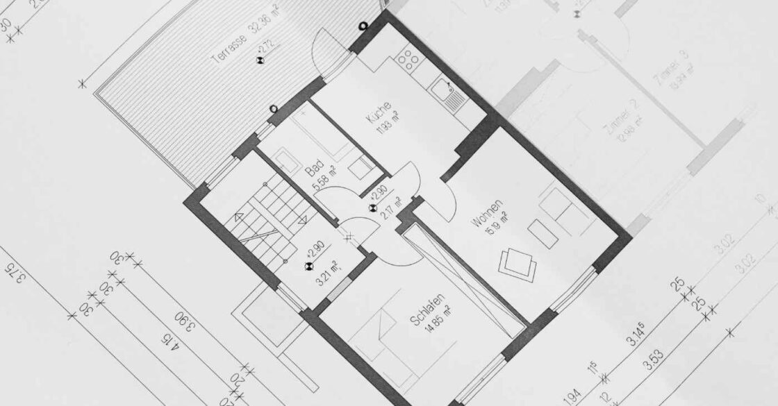 Grundriss einer 4-Zimmer Wohnung mit Terrasse.